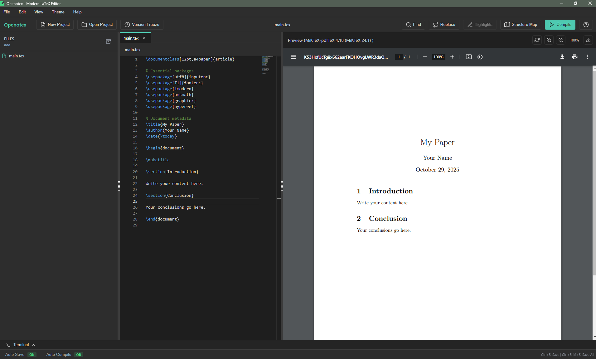 Openotex editor showing LaTeX source beside a compiled PDF preview